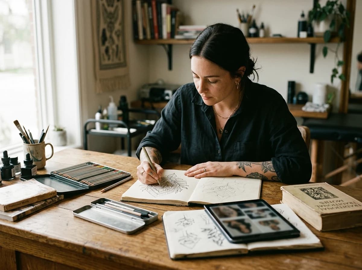 A focused tattoo artist sketching a new design on paper, surrounded by art supplies in a well-lit studio.