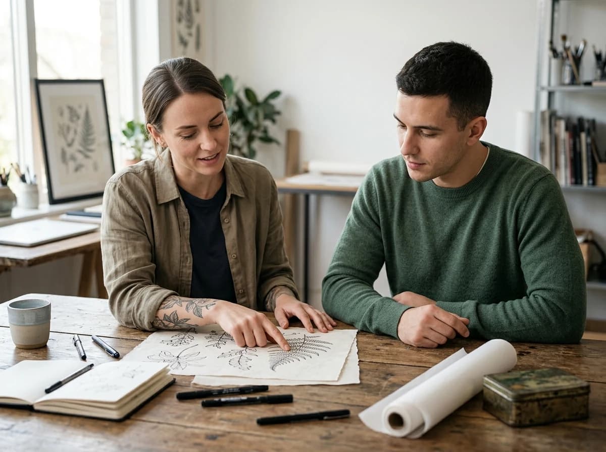 Fictional adult tattoo artist discussing original botanical line drawings on paper with an adult client at a clean studio table