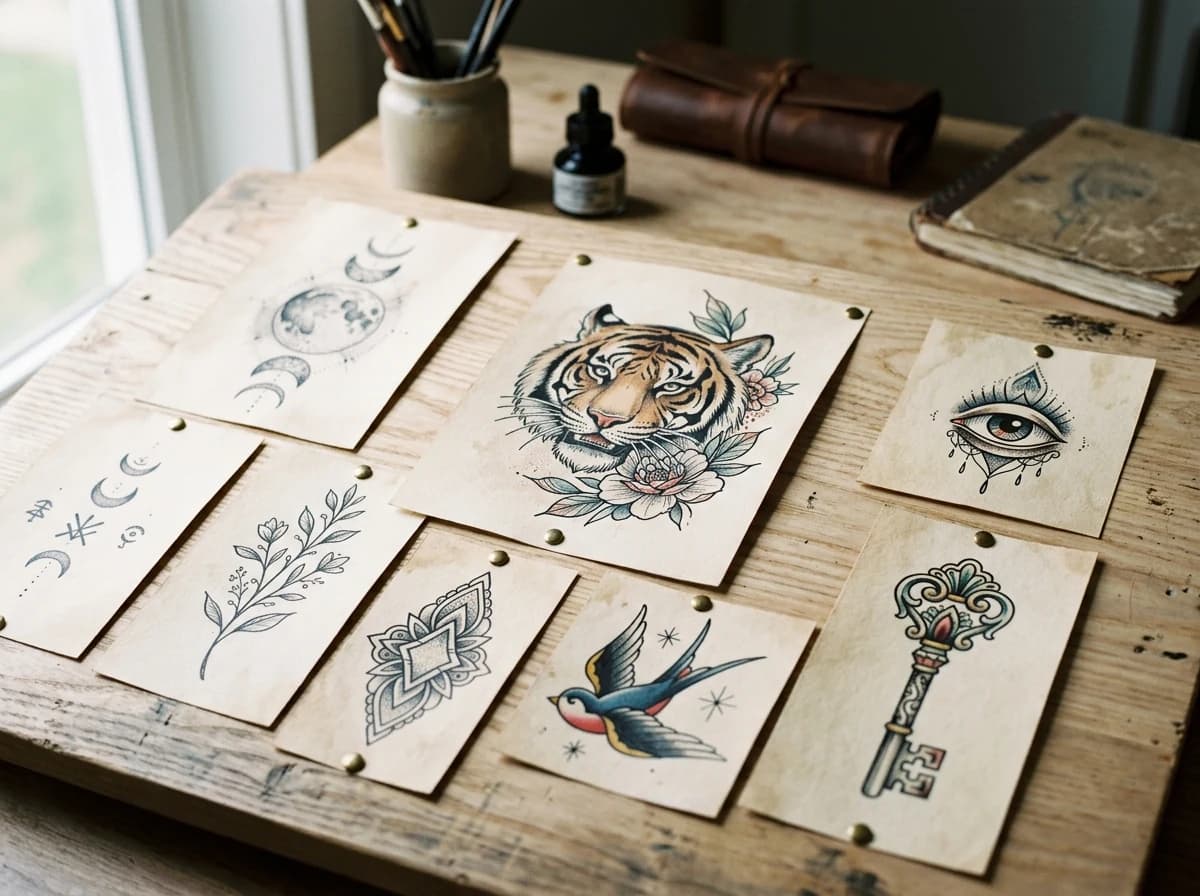 A collection of intricate, original tattoo flash designs displayed neatly on a light wood panel.