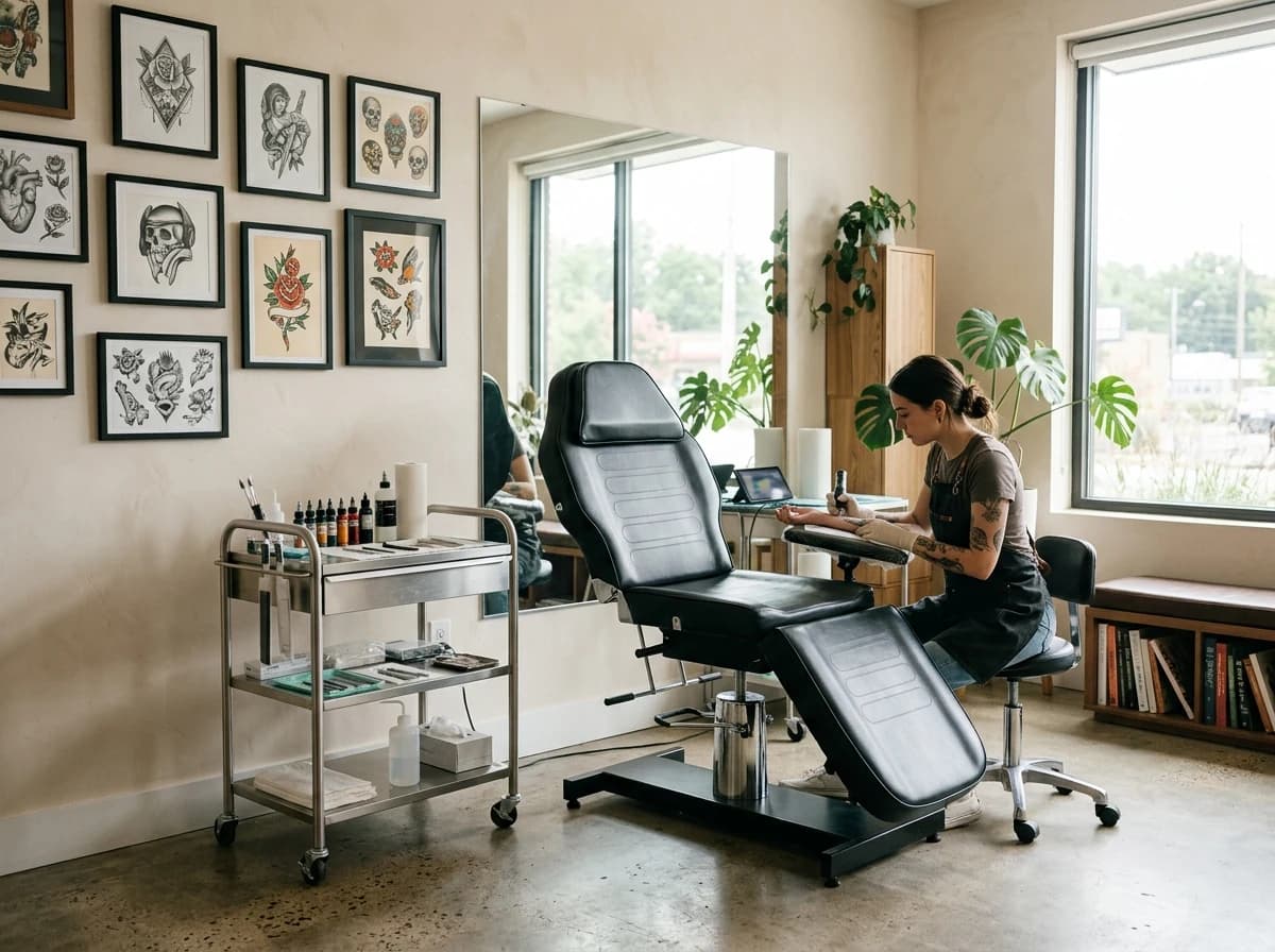 Clean, modern tattoo studio interior with a comfortable client chair, sterile work surfaces, and framed flash art on the wall.