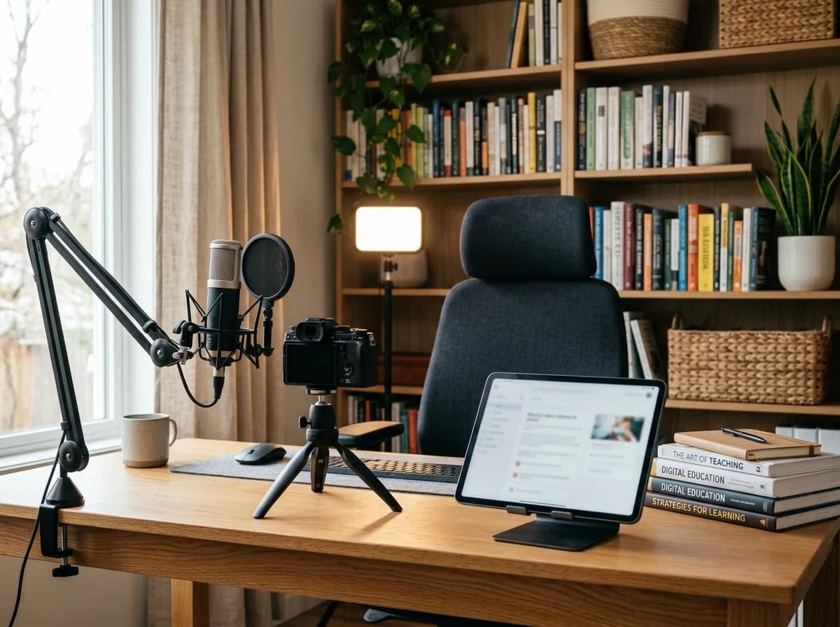 A dedicated home office setup with professional lighting, microphone, and a clean desk for online teaching.