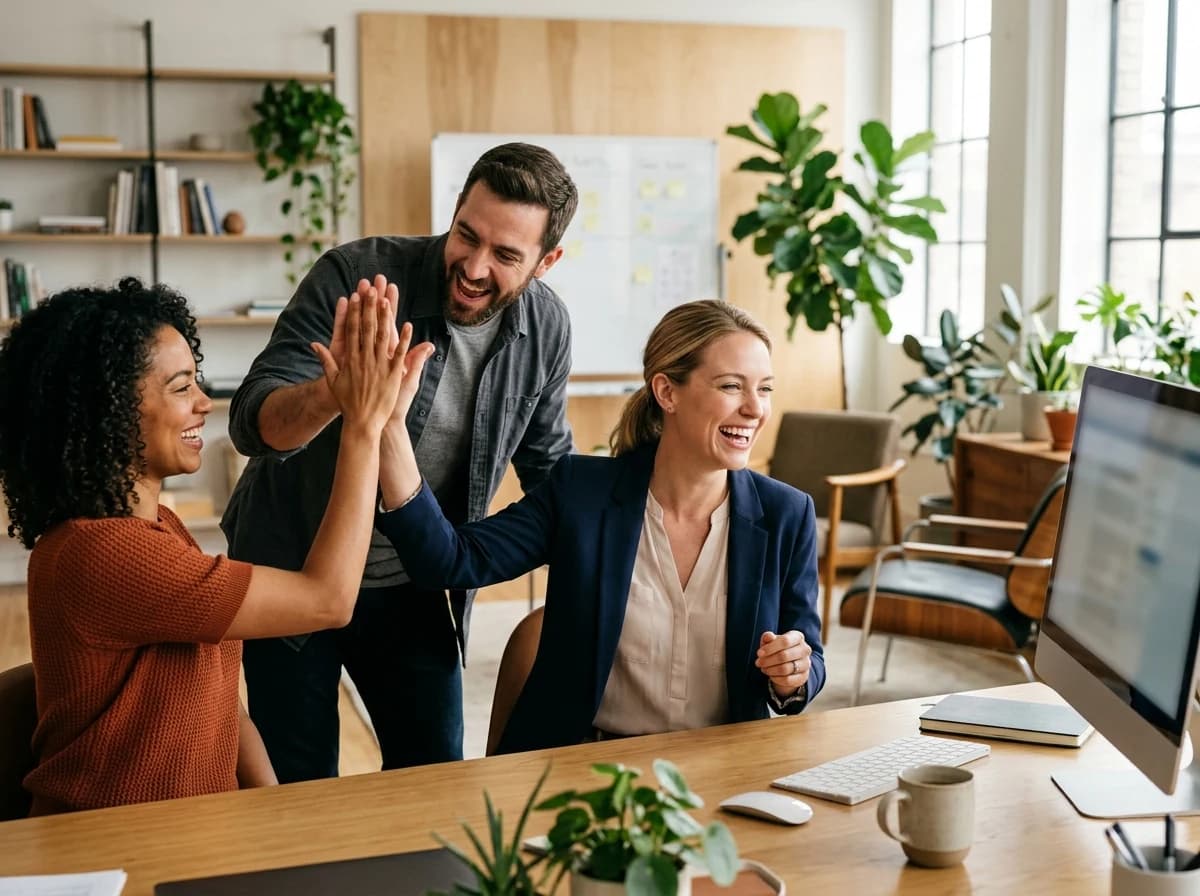 Small team celebrating a successful product launch with high-fives and smiles in a modern workspace.