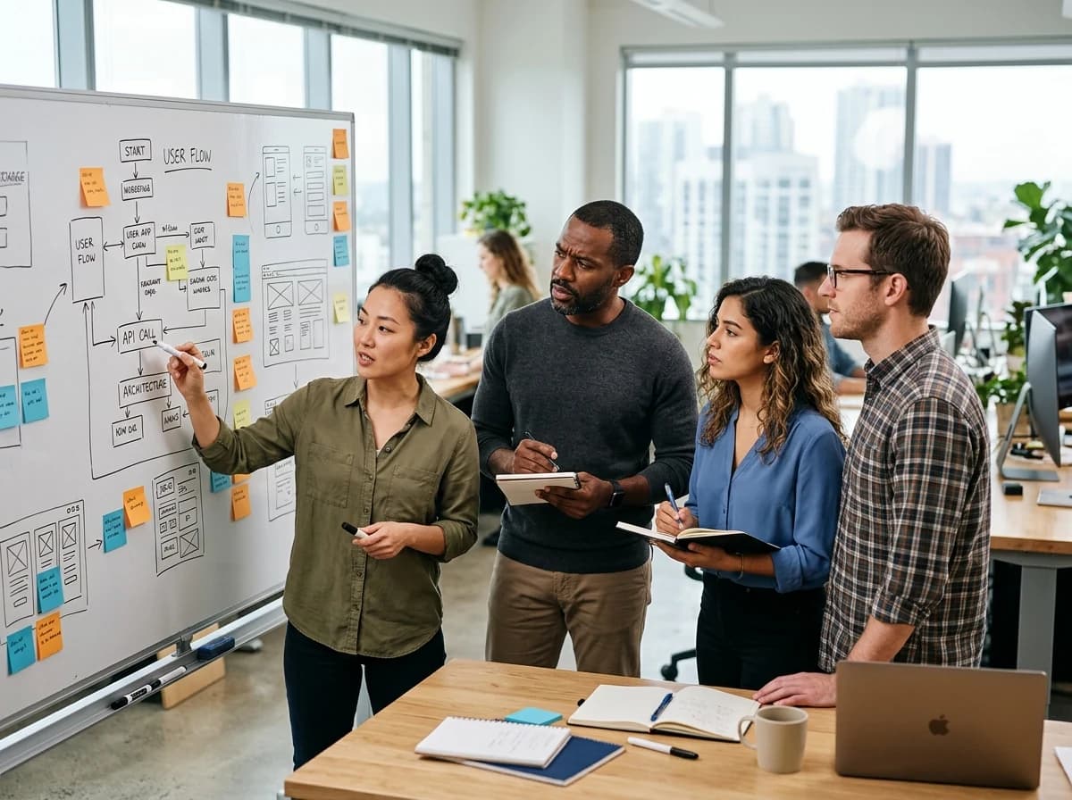 Diverse software team collaborating around a whiteboard with diagrams and sticky notes in a modern office.