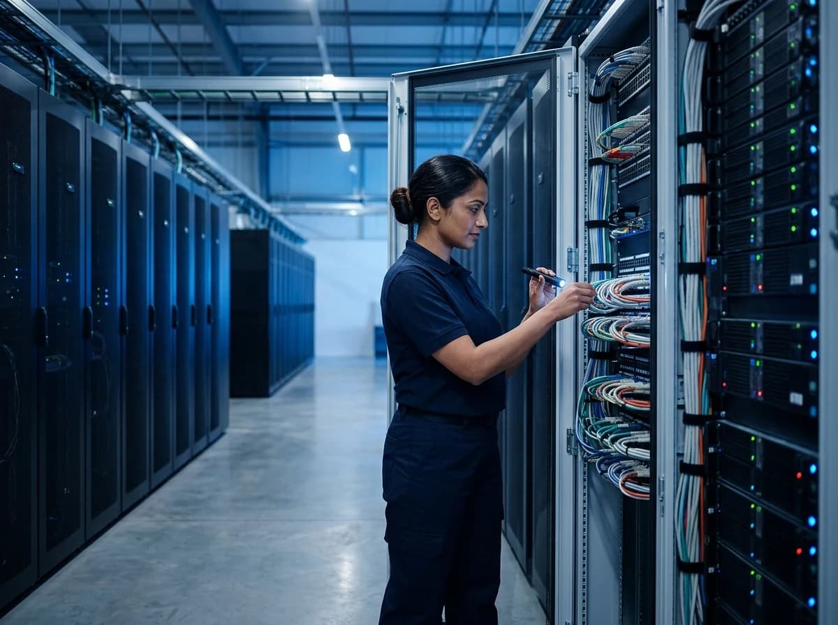 IT professional performing maintenance on gleaming server racks in a cool, blue-lit data center.