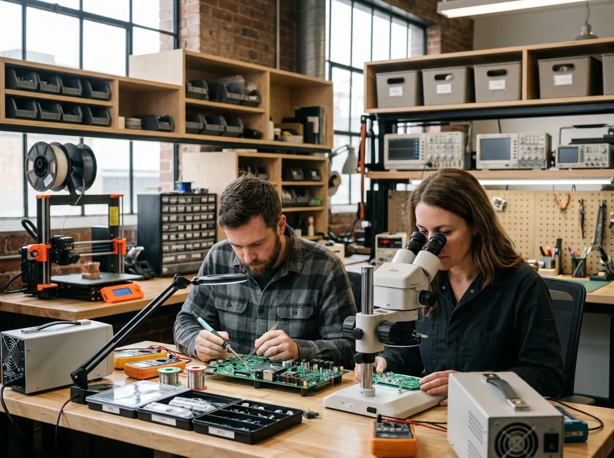 Engineers working in a clean, brightly lit hardware development lab with circuit boards and specialized tools.