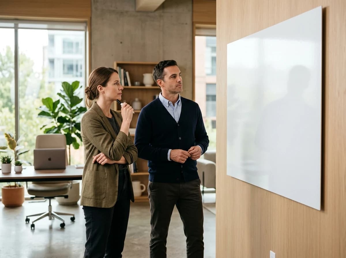 Two adult professionals, one male and one female, standing thoughtfully in front of a large, blank white board in a modern office, one holding a marker, engaged in conceptualizing ideas. The board is deliberately empty to suggest 'starting fresh' or a 'blank slate'.