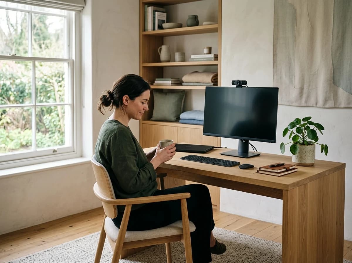 Bright, clean home office with a minimalist desk setup, large window, and thriving plant.