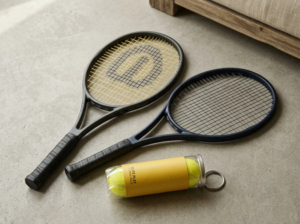 Still life of new tennis racquets and a canister of fresh tennis balls resting on a neutral background, highlighting texture and quality.