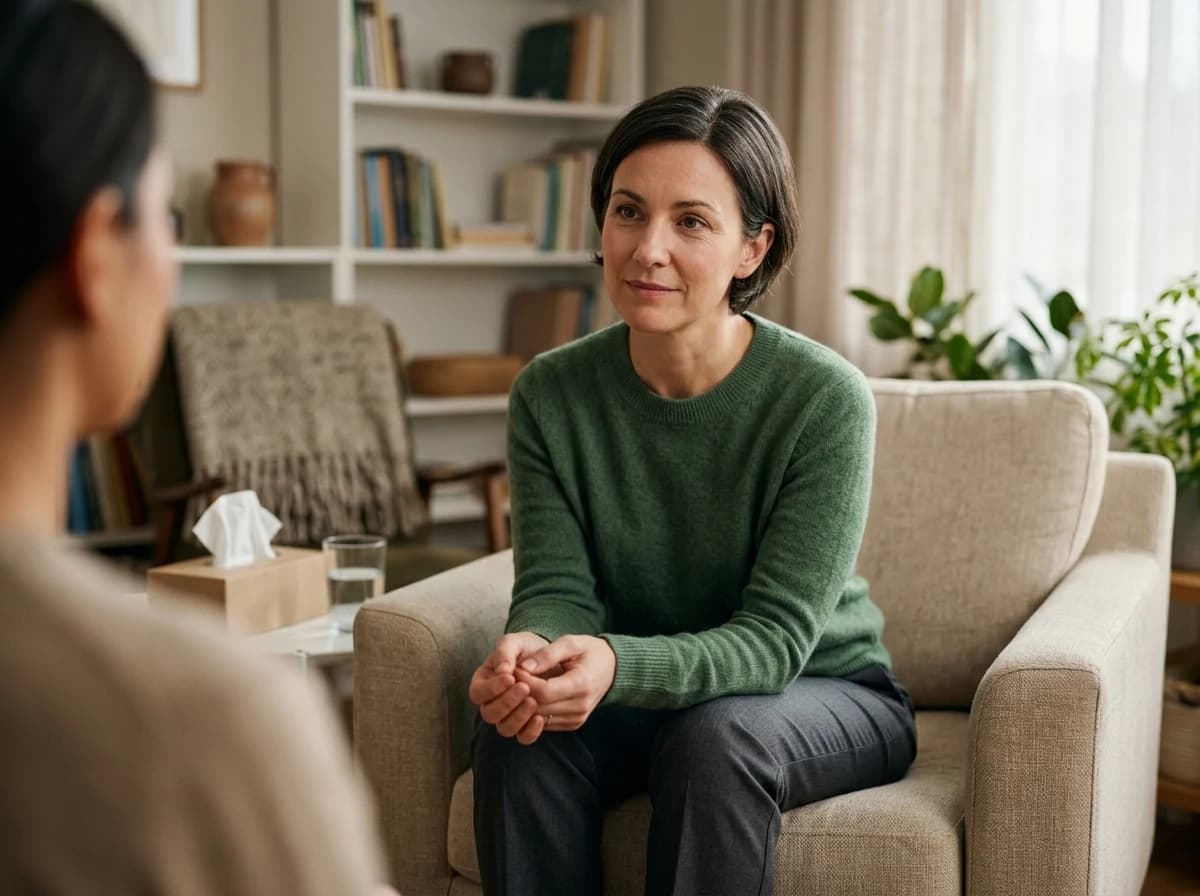 Compassionate therapist attentively listening to a client in a comfortable, private consultation setting.