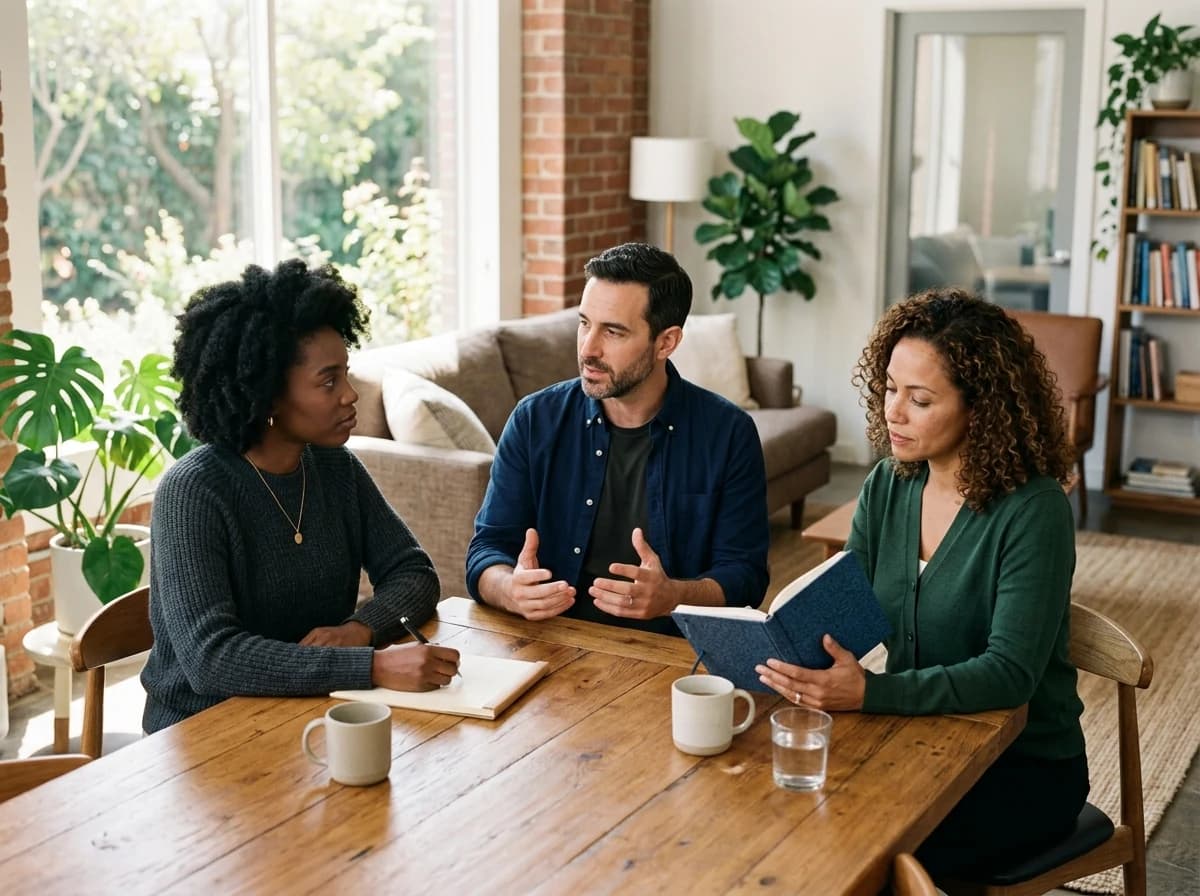 Diverse group of three therapists in a bright, modern common area, discussing a case respectfully.