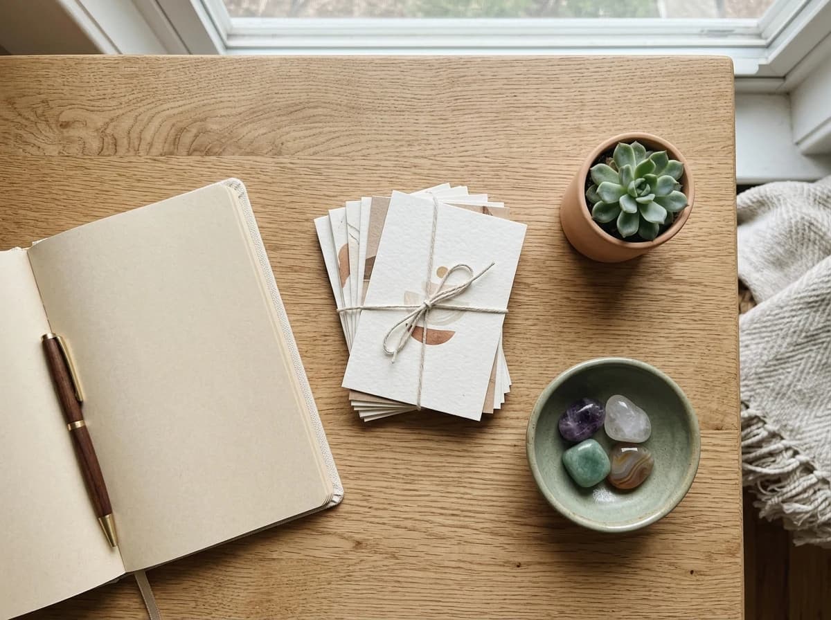 Collection of mindfulness tools: meditation cards, a journal, and a small plant on a wooden table.