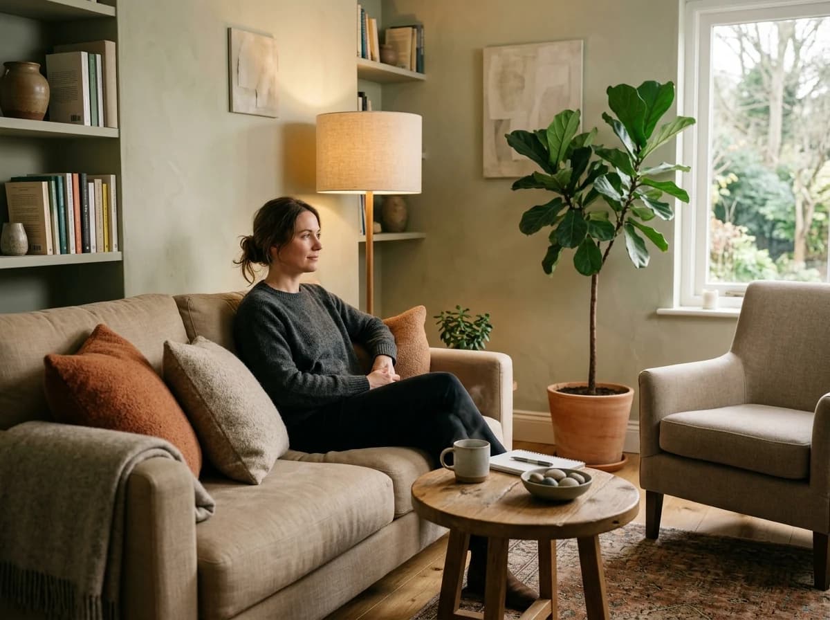 Peaceful, modern therapy office with a comfortable sofa, warm lighting, and natural decor.