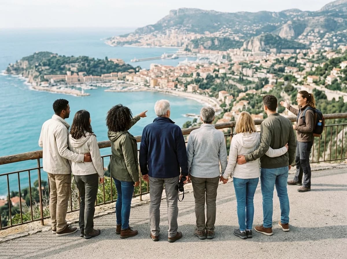 A diverse group of tourists enjoying a panoramic view from a scenic overlook during a guided tour.