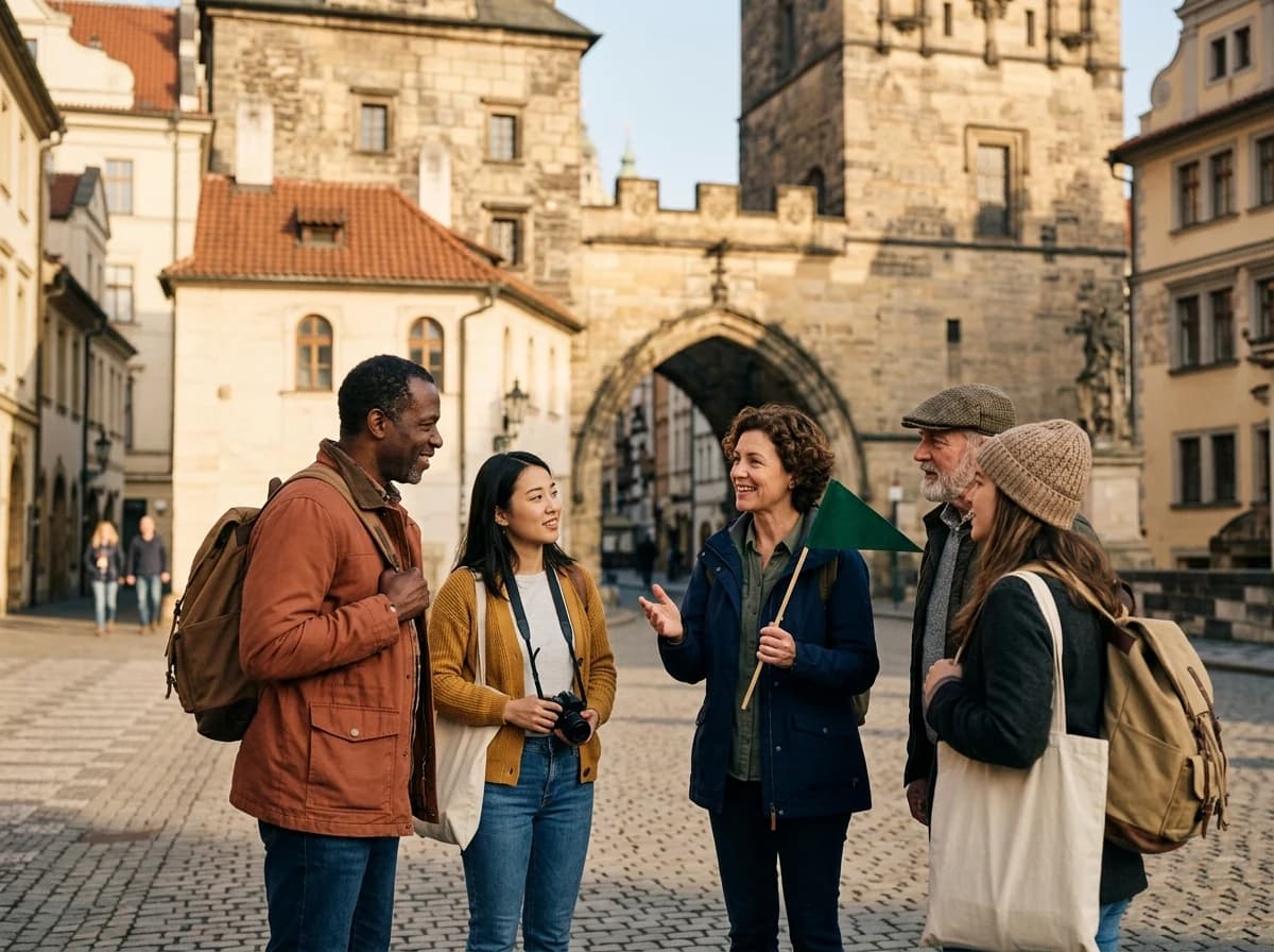 A small, diverse group of adults gathering excitedly at a historic landmark, ready for a walking tour.