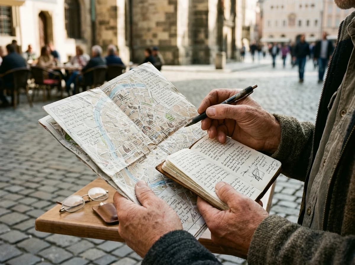 A close-up of a tour guide's hands holding a detailed map and a notebook with interesting facts.