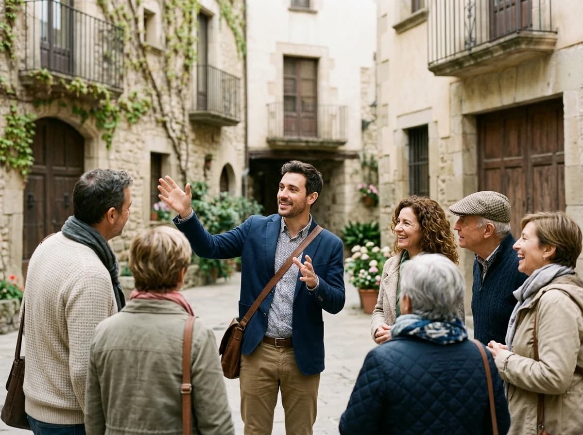 A charismatic tour guide captivating a small group with a vivid story in an atmospheric setting.