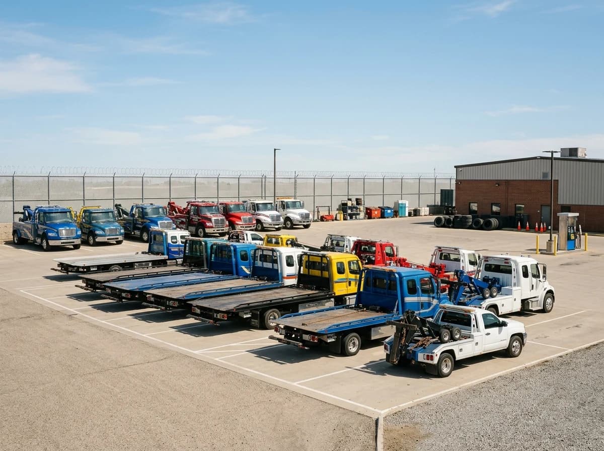 Wide shot of a well-maintained towing company yard with several modern, clean tow trucks of various types (flatbed, wrecker), parked neatly under an open sky, conveying readiness.