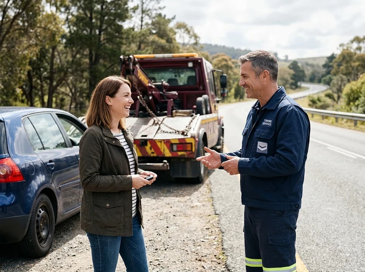 Two adults, a friendly tow truck operator in uniform and a relieved customer, engaged in a clear, brief conversation by the roadside after a successful tow, conveying helpfulness.
