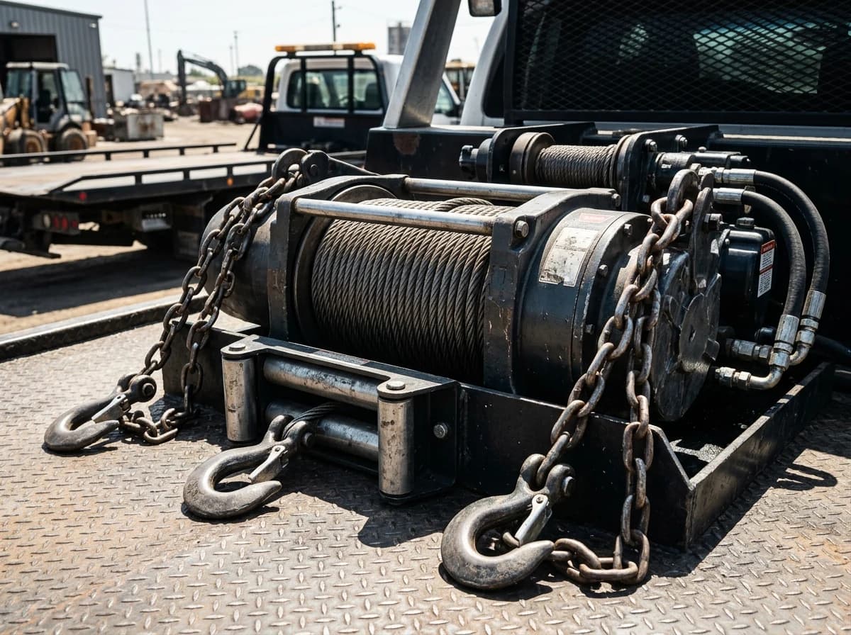 Close-up of the robust, heavy-duty winch and chain assembly on the back of a tow truck, highlighting its strength and readiness for action.