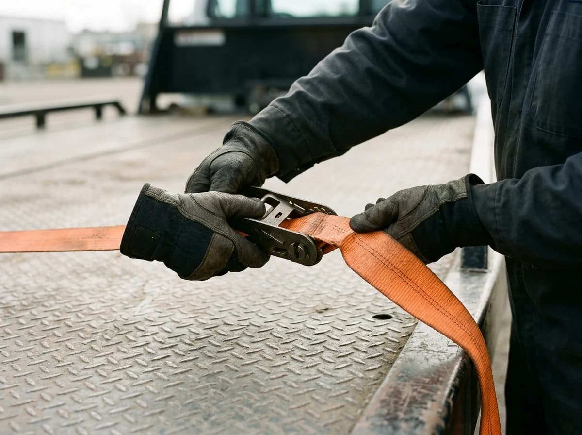 Tow operator checking a plain orange recovery strap on a truck flatbed