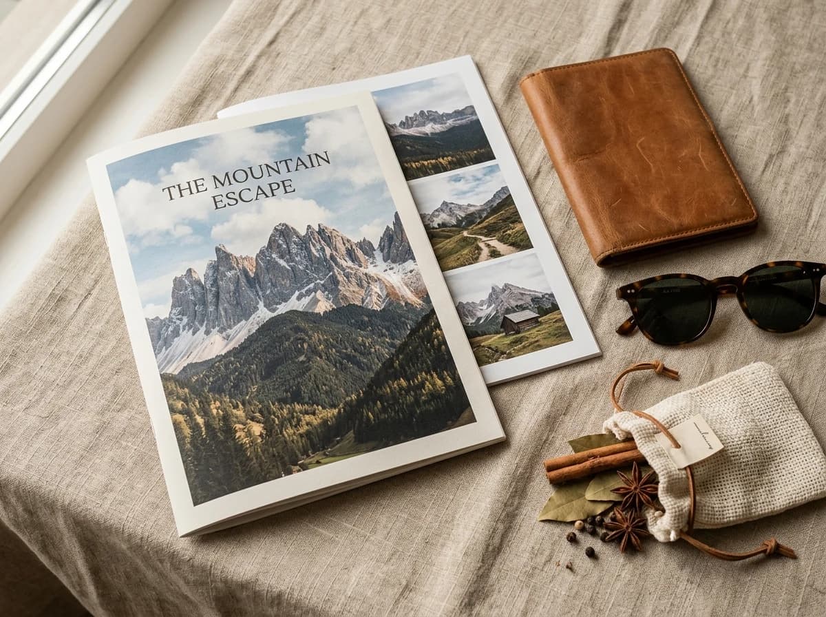 A curated travel kit including a printed itinerary, leather passport holder, and fabric swatches laid out on a linen surface.