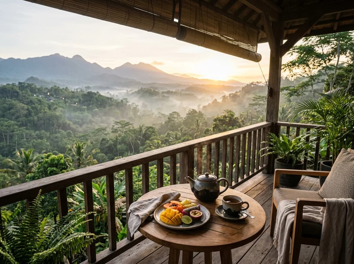 A tranquil morning scene on a private wooden deck overlooking a misty, lush tropical forest at sunrise.