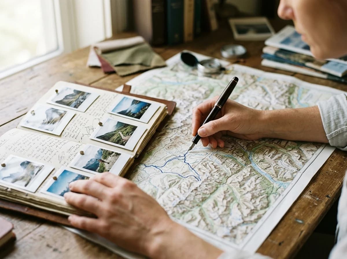 Hands of a travel advisor using a fountain pen to write notes in a leather-bound journal next to a topographical map.