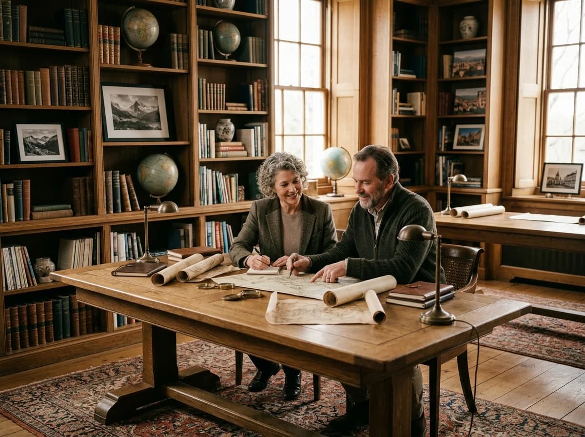 A boutique travel agency interior featuring vintage globes, large physical maps, and comfortable seating for itinerary planning.