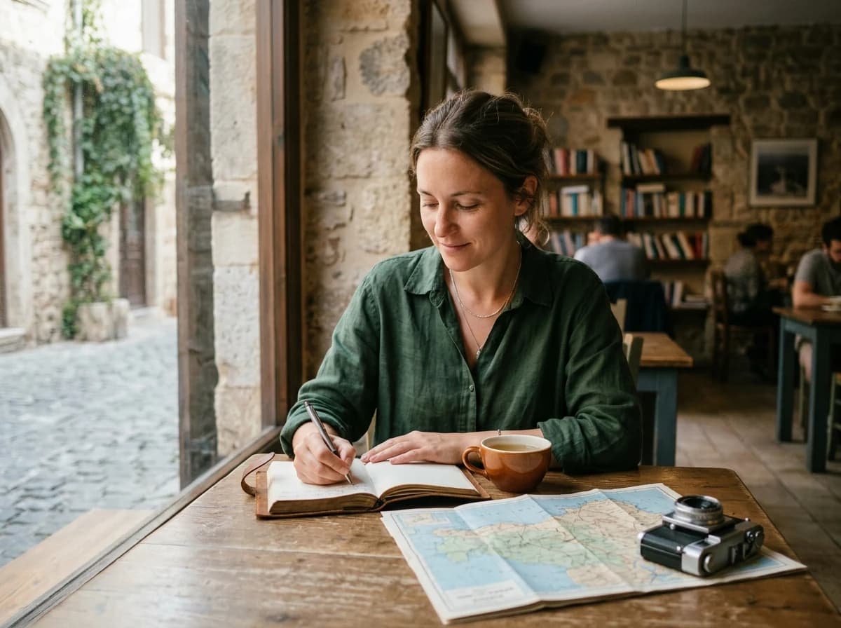 A solo traveler writing in a worn leather journal at a rustic wooden table in a cozy cafe, surrounded by travel items.