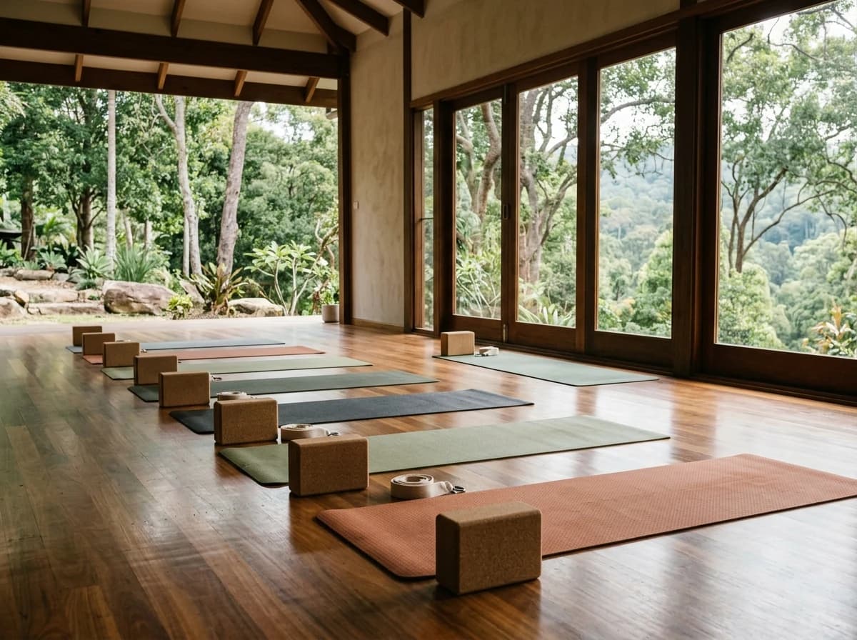 Several empty yoga mats and blocks neatly arranged in a peaceful, sunlit studio.