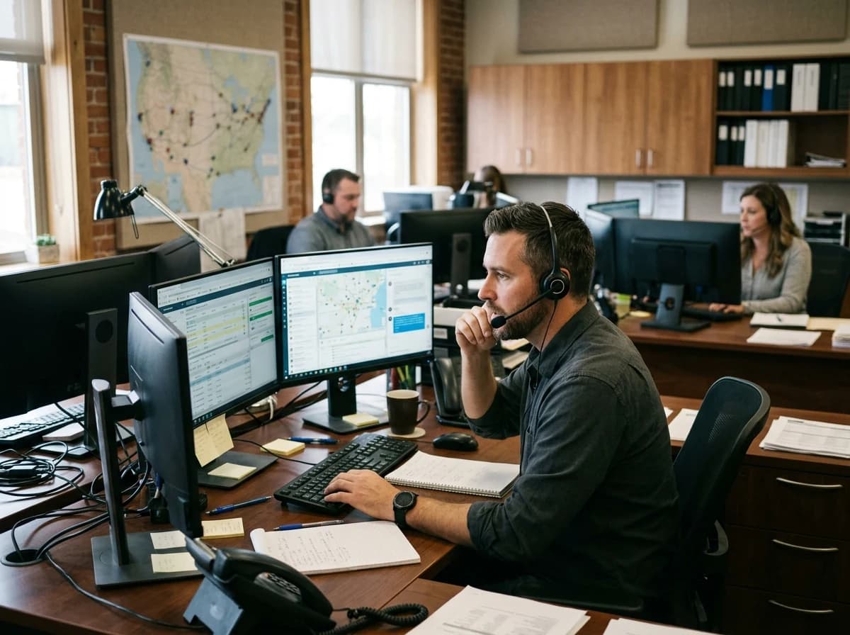 A busy trucking dispatch office with an adult dispatcher coordinating logistics on multiple screens.