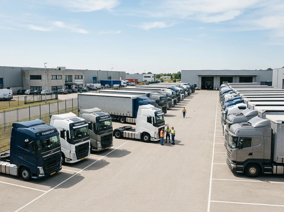 A clean, organized trucking company yard with several modern semi-trucks parked neatly.