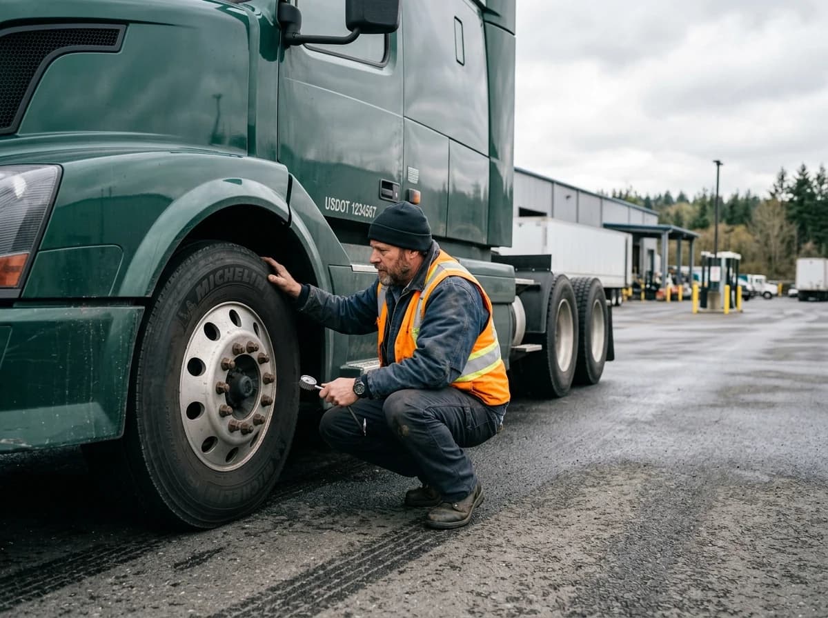 Adult truck driver wearing high visibility vest checking tire condition beside a parked unbranded truck at a clean depot