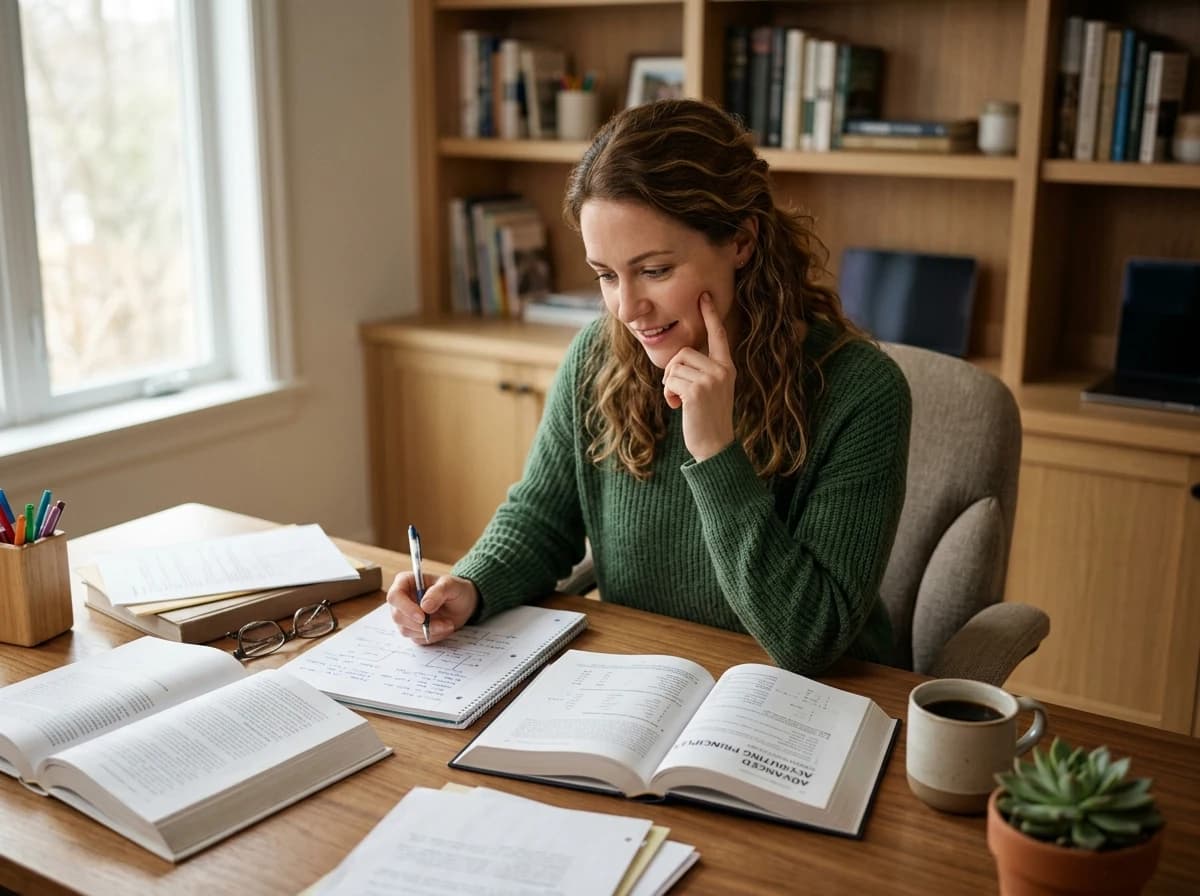 Motivated adult student focused on their studies at a desk, surrounded by books and notes.