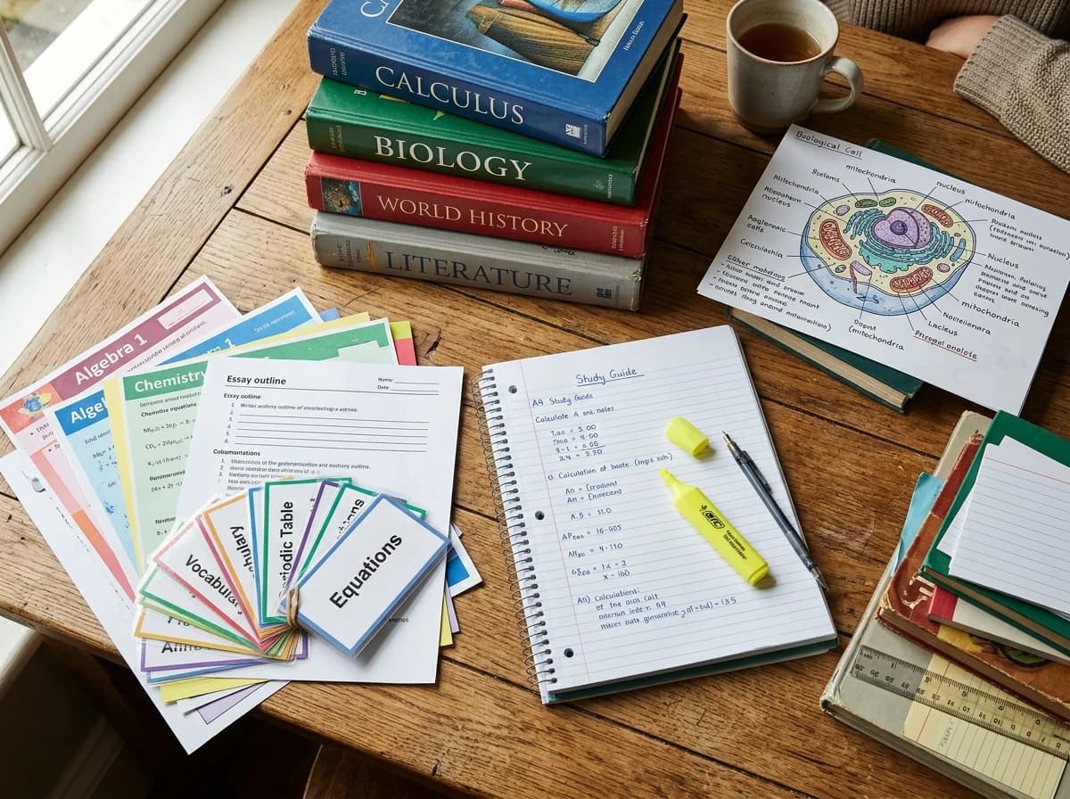 Colorful array of diverse study guides, textbooks, and worksheets for various academic subjects.