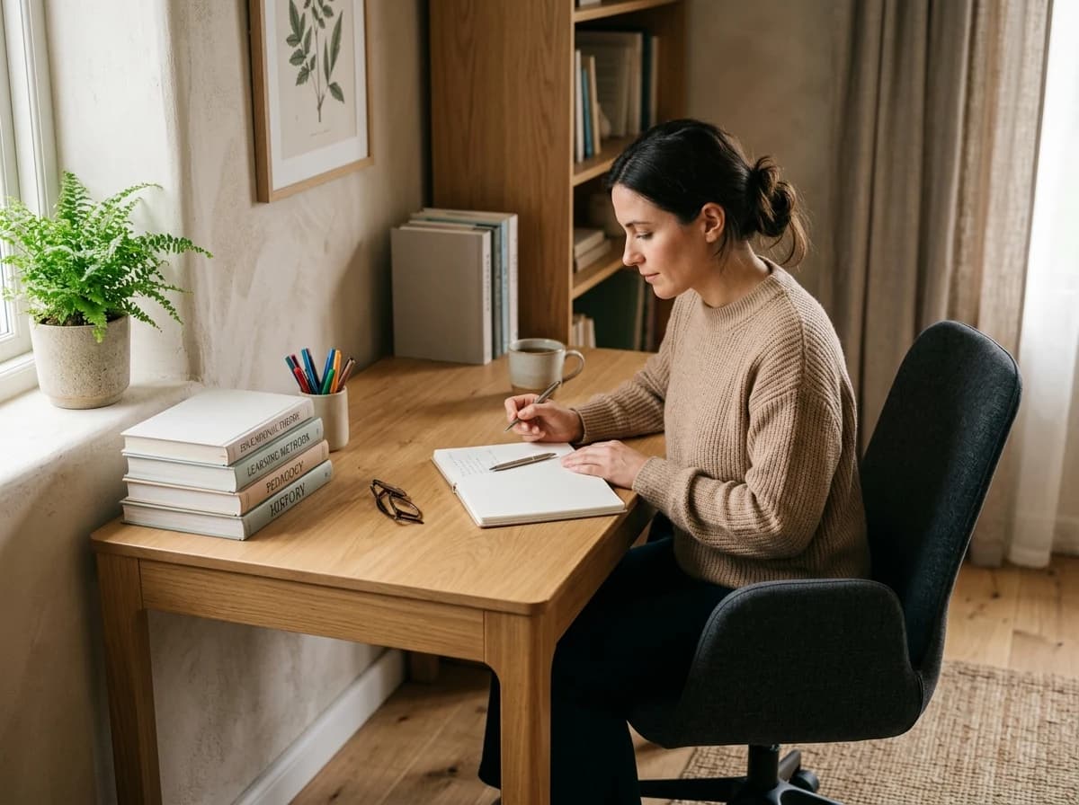 Clean, well-lit study nook with a wooden desk, books, and a comfortable chair, ideal for learning.