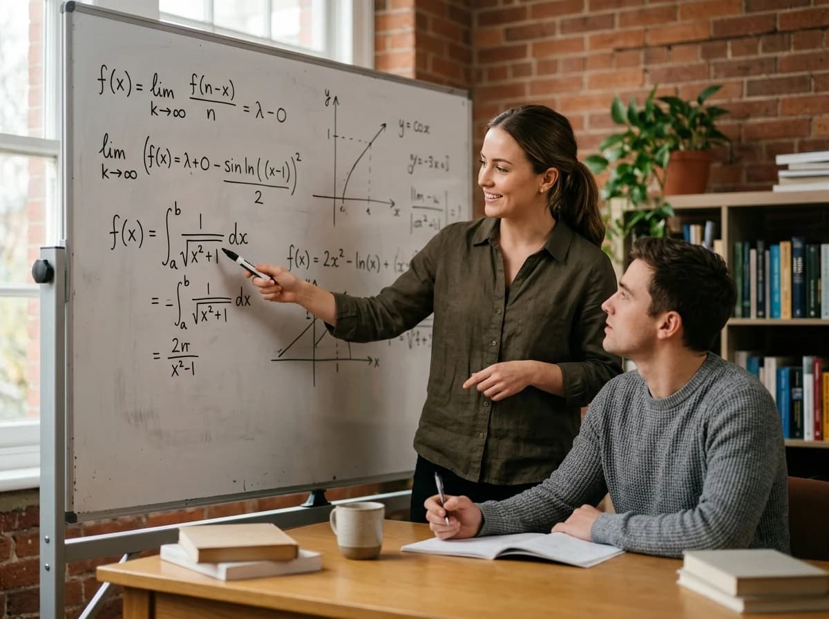 Patient female tutor explaining a complex concept to an attentive adult student using a whiteboard.