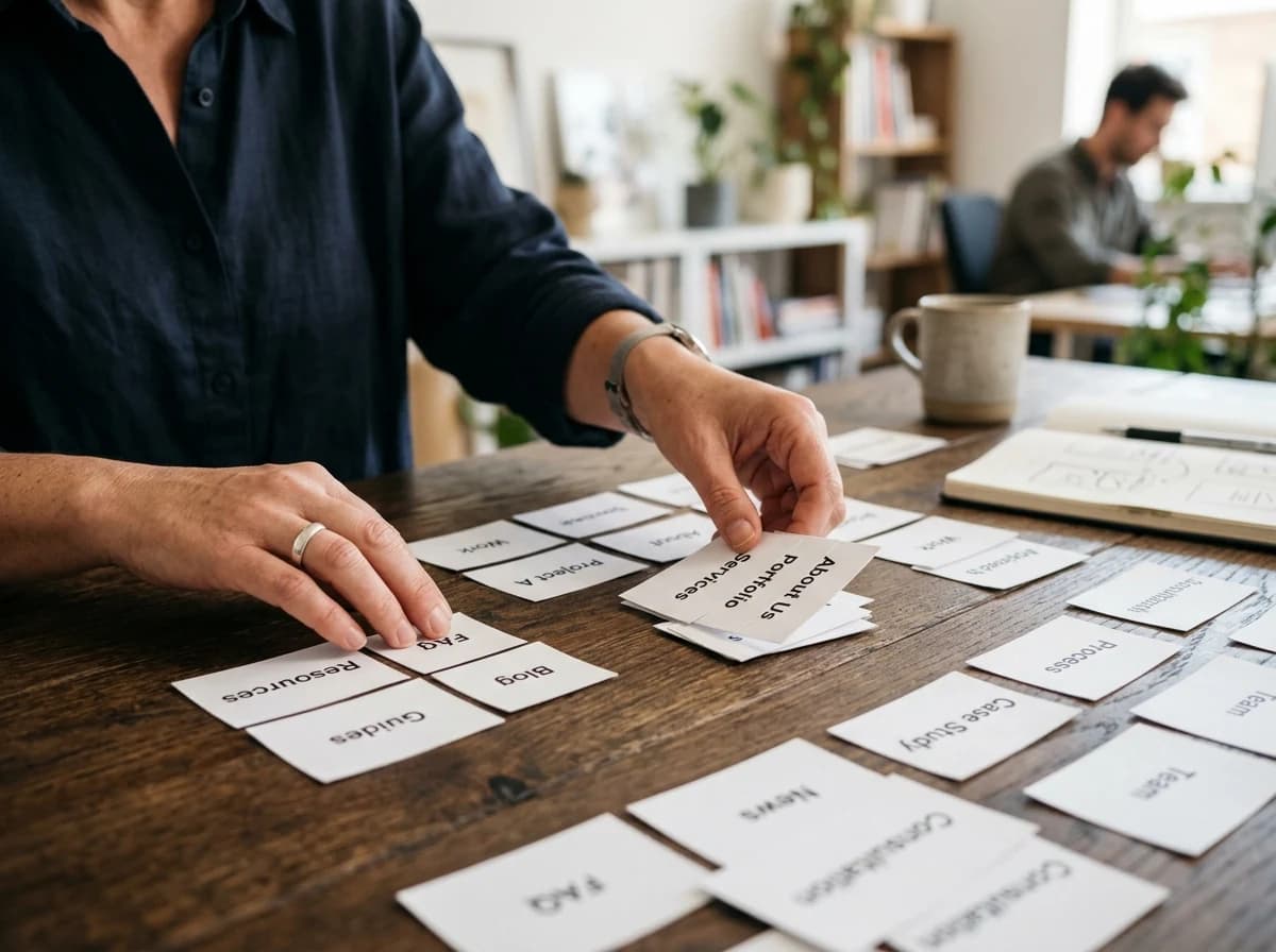 Hands of a designer arranging small white cards with text on a wooden table to organize website navigation.