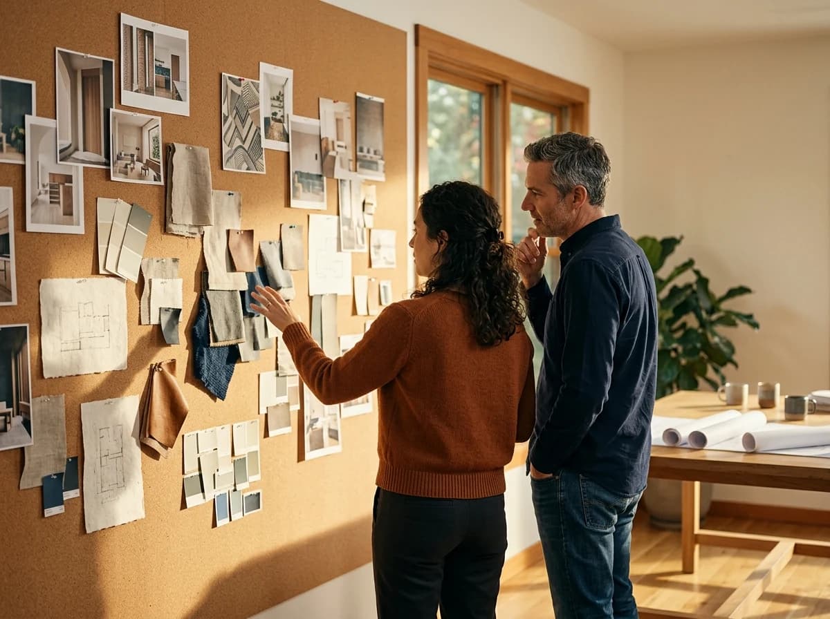 Two adults in a sunny office looking at a large physical mood board pinned with textures, photos, and color swatches.
