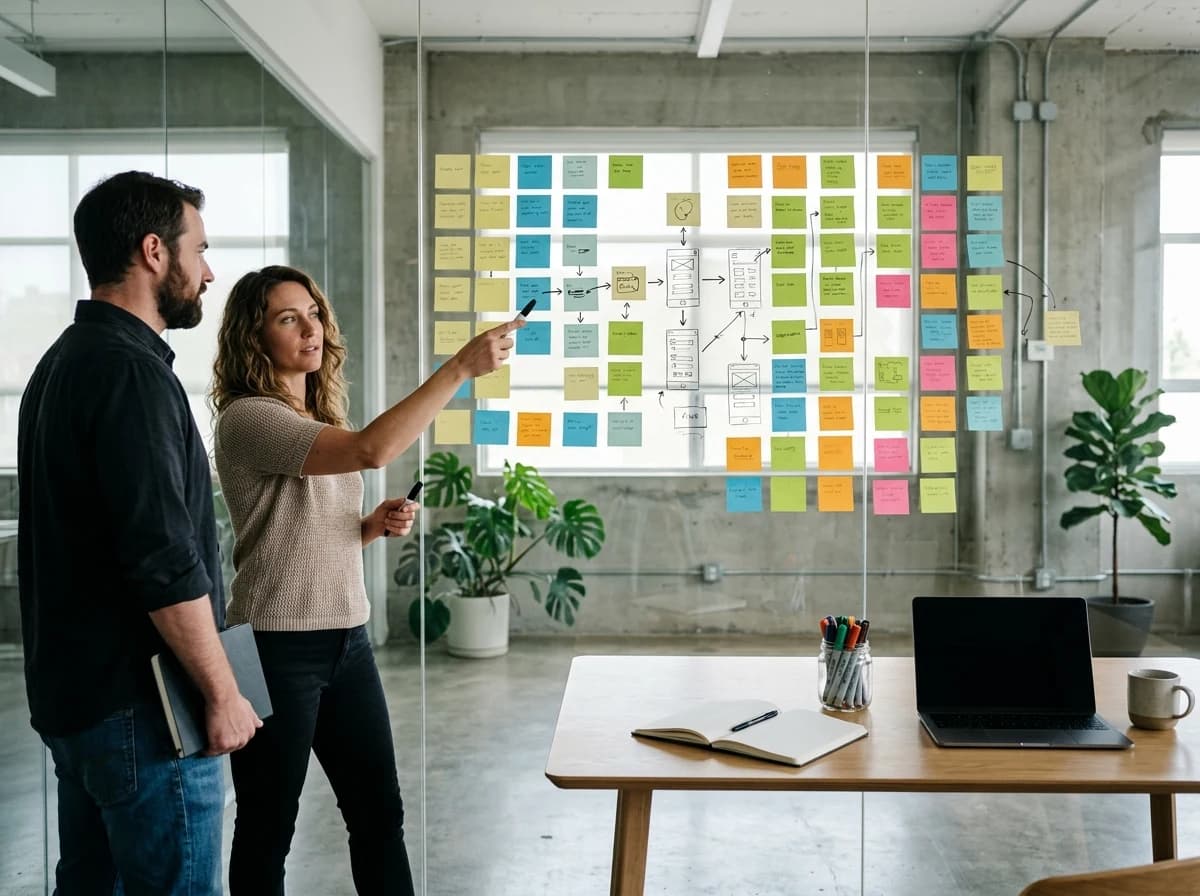 A bright, modern design studio with a large whiteboard covered in colorful sticky notes and architectural sketches.