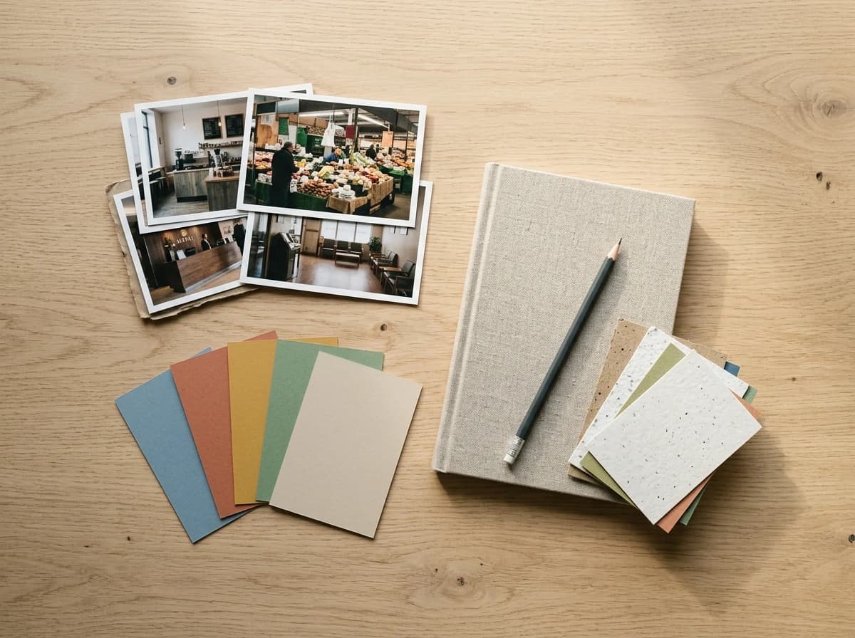 Printed research photographs, colored cards and material samples arranged on a clean design studio table.