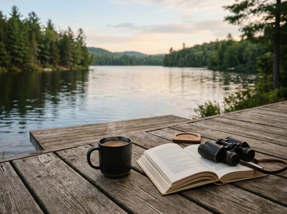 A steaming cup of coffee and an open book on a wooden outdoor table overlooking a calm lake.
