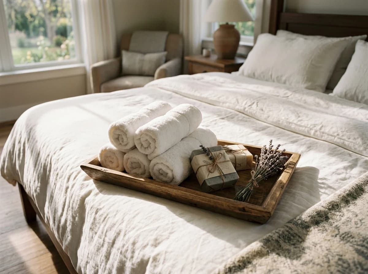 A wooden tray on a bed featuring fresh white towels, a small bunch of lavender, and locally made soaps.