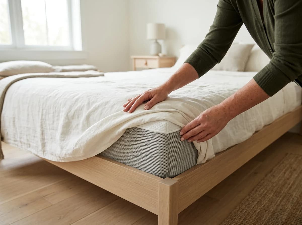 A host's hands carefully smoothing out a linen duvet cover in a sun-drenched, minimalist bedroom.