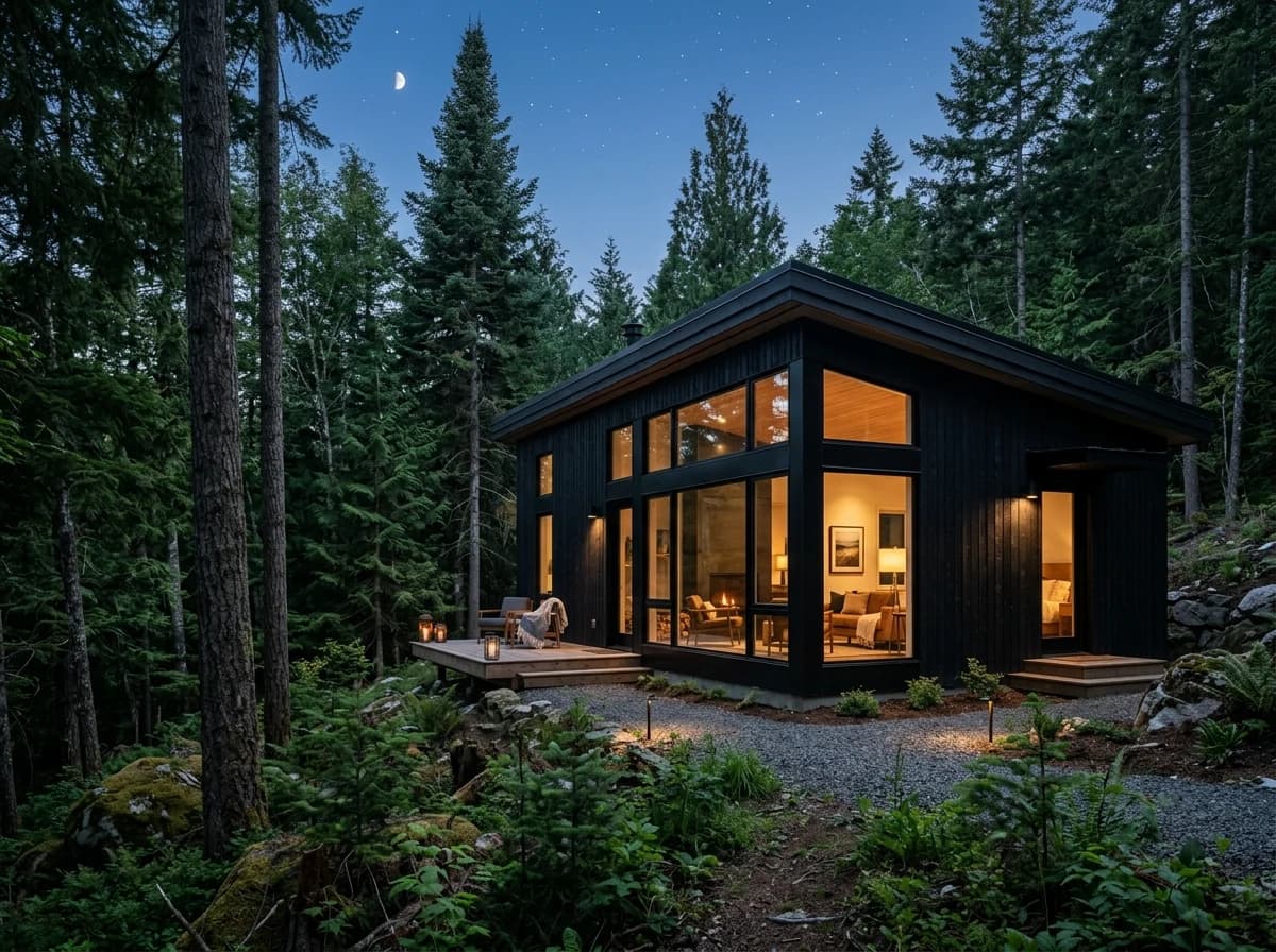 A stunning modern architectural cabin with large glass windows nestled in a serene evergreen forest at dusk.