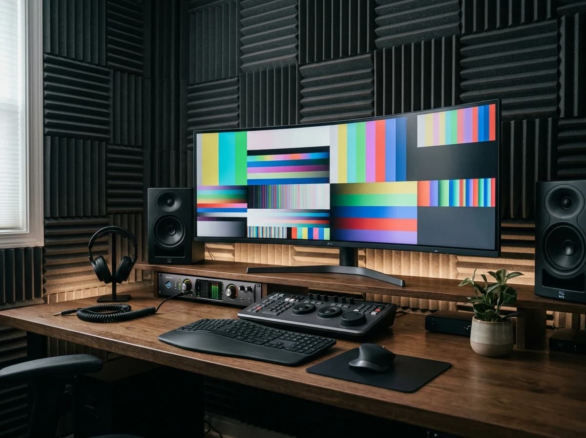 A professional video editing suite with sound-dampening panels on the walls, a large curved monitor displaying abstract color bars (not text or UI), a high-quality audio interface, and a well-organized desk, indicating a dedicated workspace. No person is present.