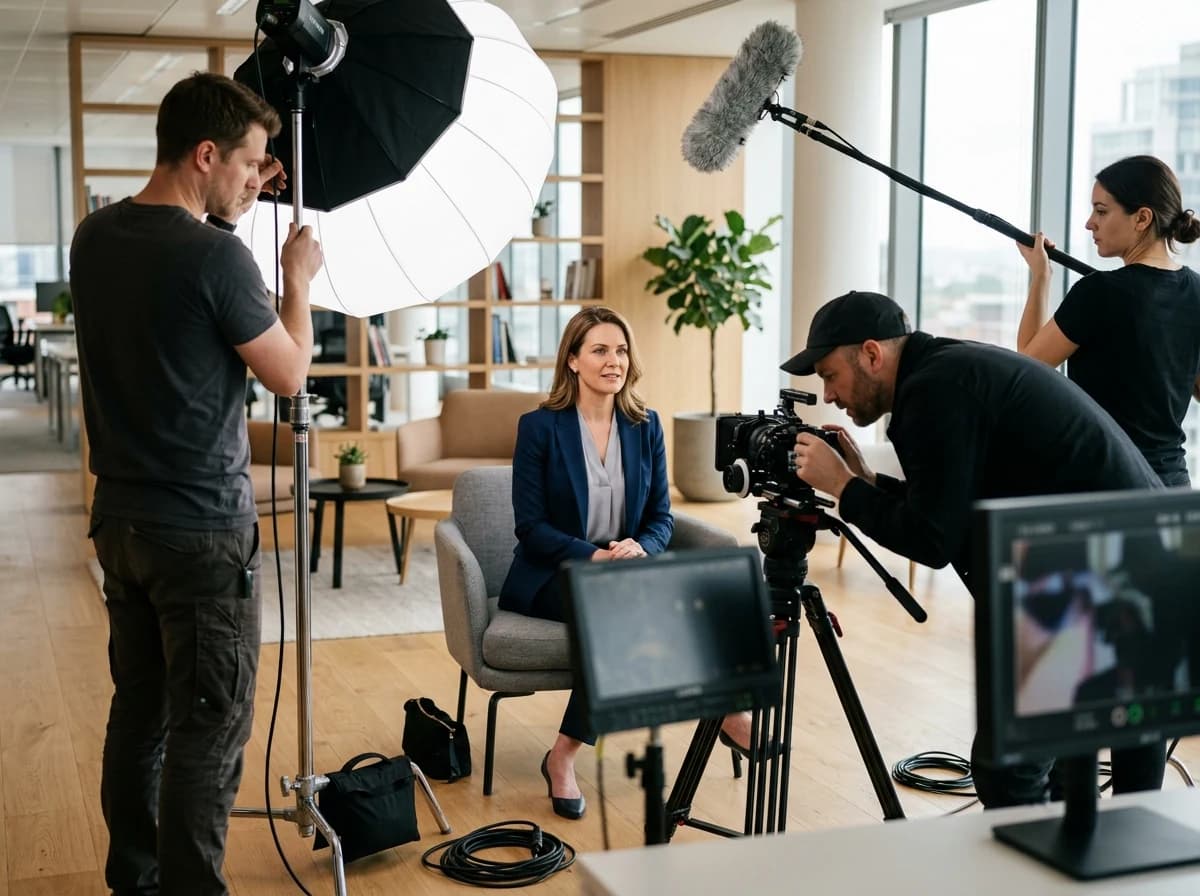 A video production crew filming a corporate interview with professional lighting and sound equipment.