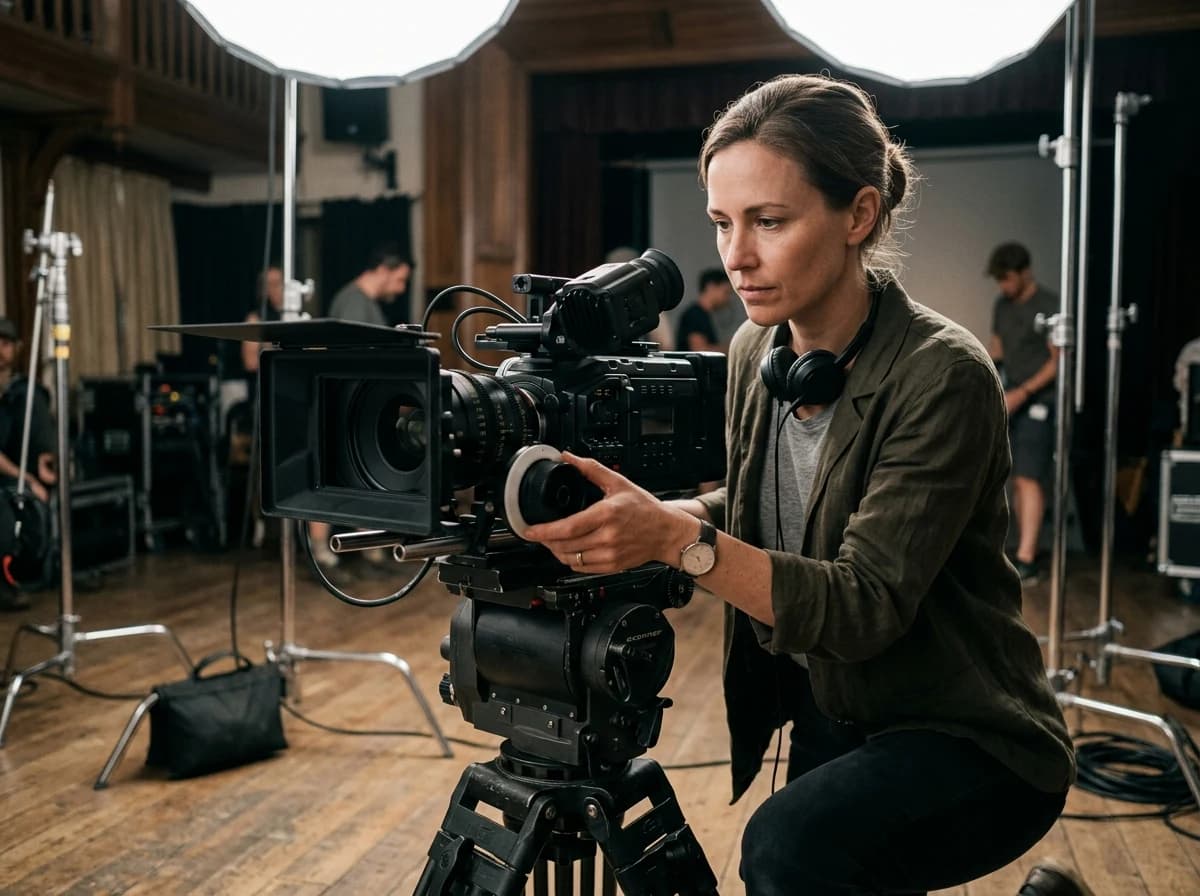 Cinematographer adjusting a professional camera rig on a film set with softboxes and lighting stands.