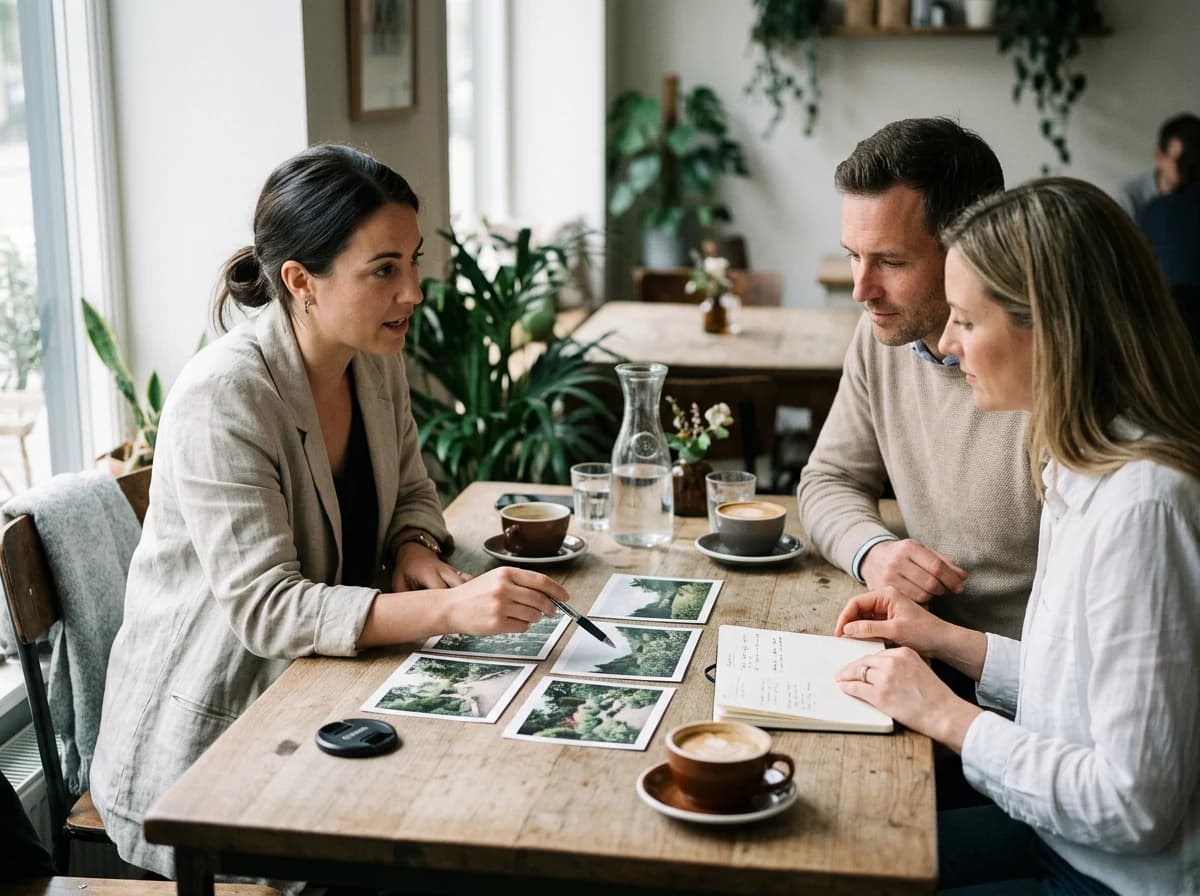 Fictional adult videographer and an adult couple discussing a wedding film plan with small printed garden photographs on a cafe table