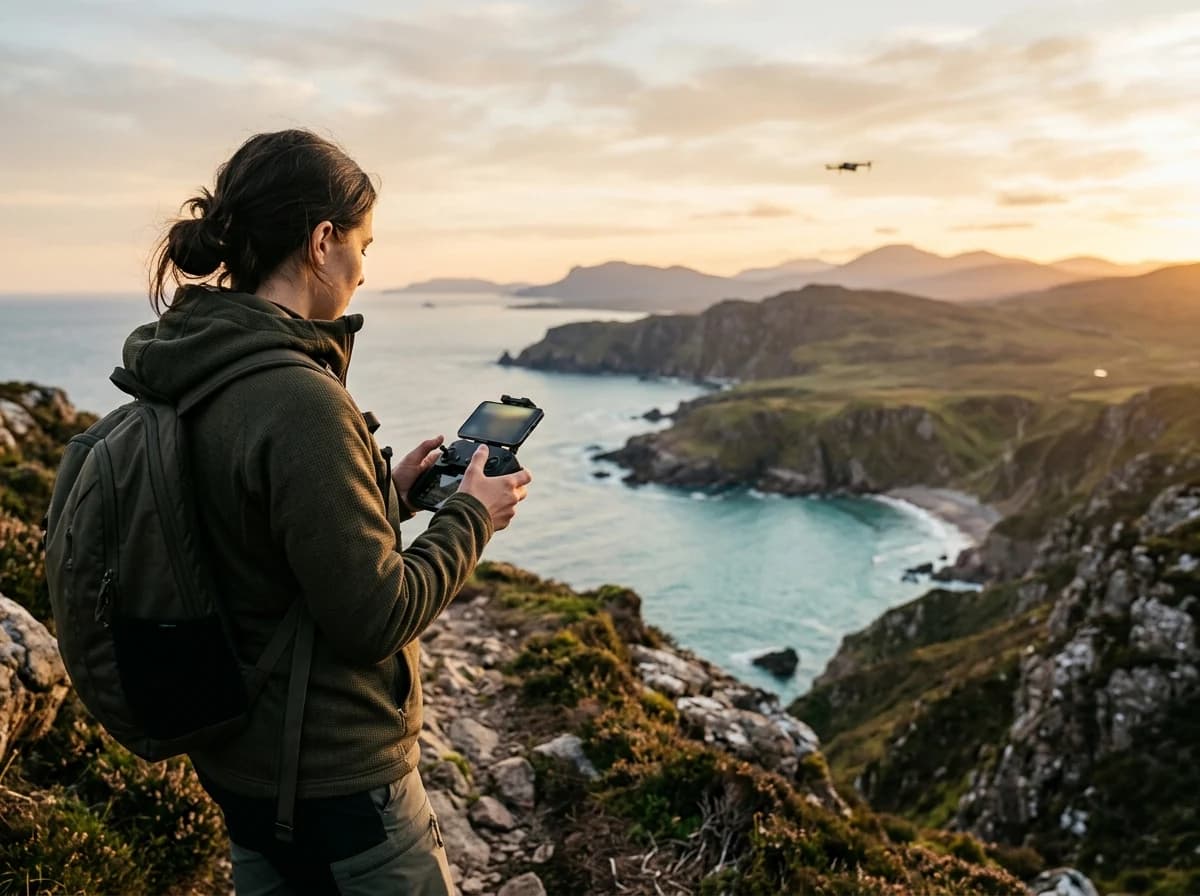 Videographer operating a drone controller with a scenic landscape vista in the background at sunset.